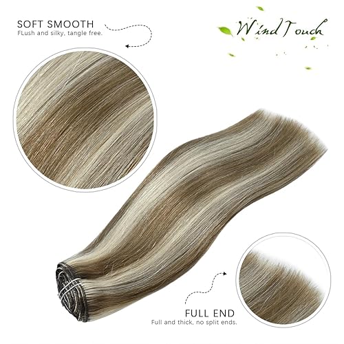Miniatura 4 de WindTouch Extensiones de cabello humano con clip, balayage, rubio ceniza degradado a rubio platino, cabeza completa, 14 pulgadas, 4.23 oz, 7 piezas