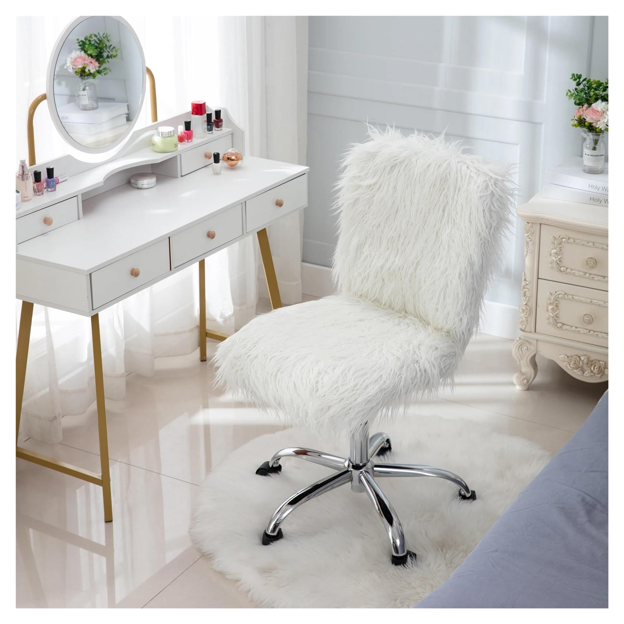 Computer Chair, Multipurpose Armless Office Chair Home Computer Chair Faux Fur Flokati Tasks Swivel Executive Chair White