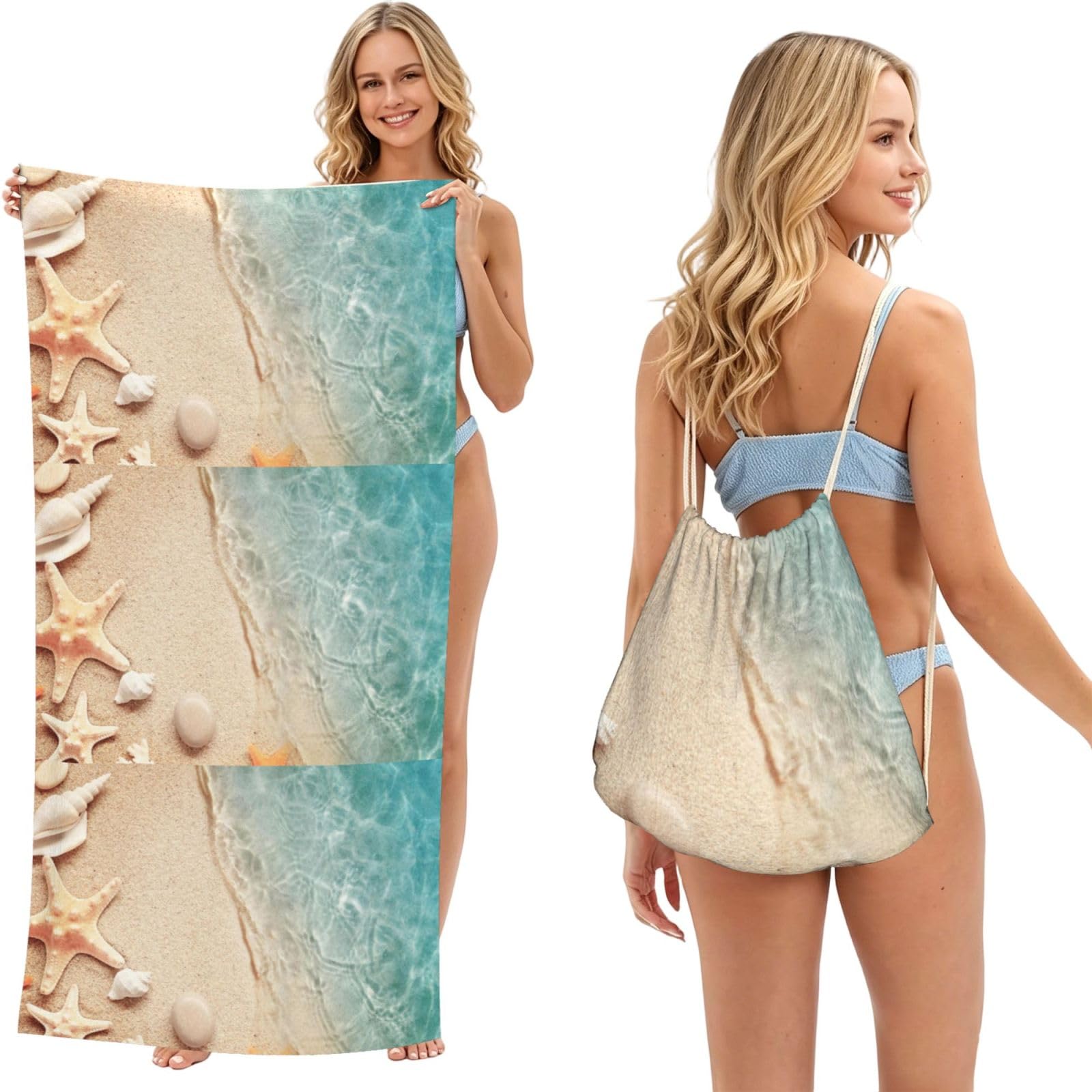 Poadnly As Picture Sea Sand With Starfish, 2 In 1 Packable Towel Bag, Beach Towels With Drawstring Backpack For Travel Holiday Camping