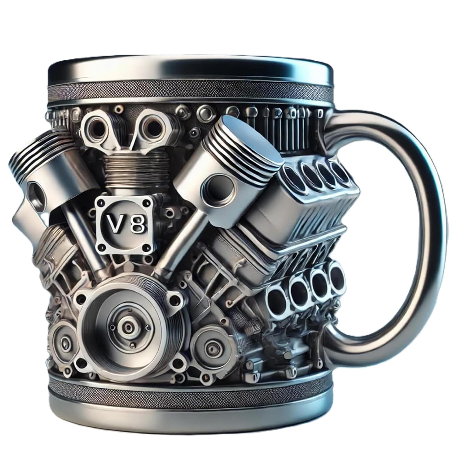 Hemoravoma 3D Engine Coffee Mug, V8 Mechanical Stainless Steel Cup, Realistic Car Engine Shaped, Creative Car Engines Design Gift Coffee Cup for Cars Enthusiasts & Racing Fans (Sliver)