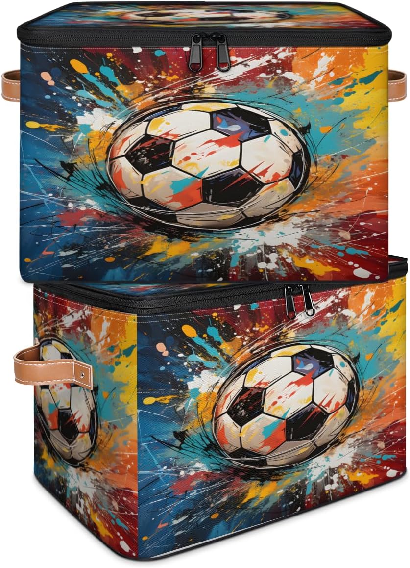 Storage Bin Set of 2 Watercolor Soccer Storage Basket with Zipper Lid & Handle Foldable Closet Shelf 2 Pack Cloth Organizer Basket Cube Bins Clothes Organizer for Bedroom, Nursery