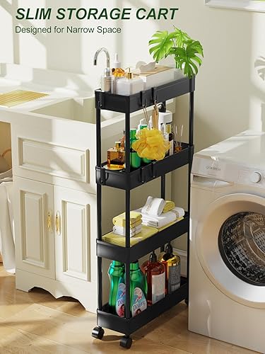 Miniatura 8 de LEHOM Carrito de almacenamiento delgado de 5.1 pulgadas, organizador de baño de 4 niveles, estantería móvil, carrito utilitario rodante, organizador
