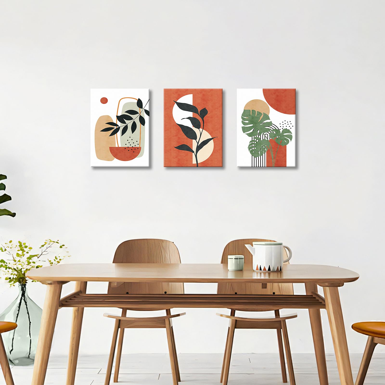 3Pcs Wooden Framed Boho Canvas Wall Art Orange Abstract Leaves And Sun Painting Canvas Prints Nordic Minimalist Geometric Picture for Living Room Bedroom Hallway Home Wall Decor 90x40cm(12"x16"x3pcs) - Image 4