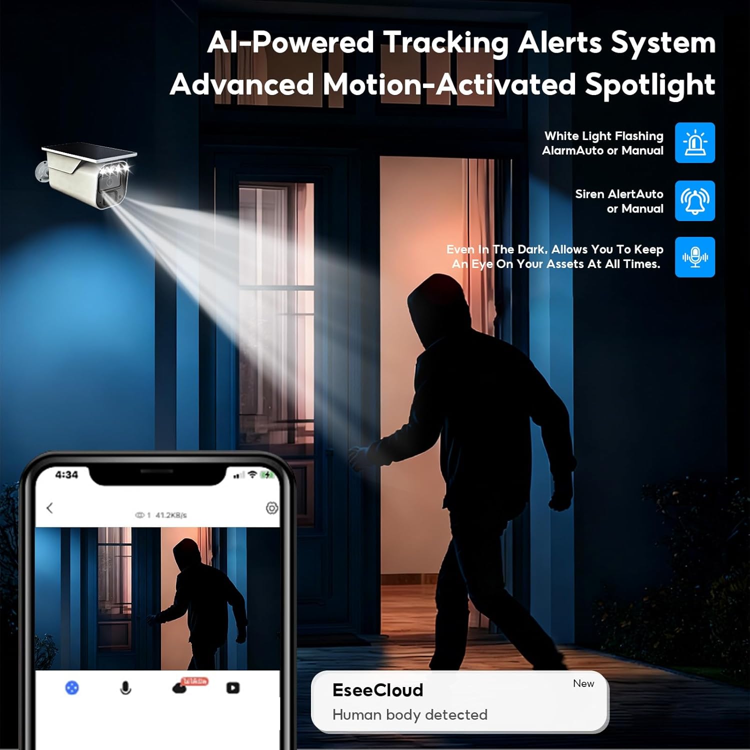 4G LTE Cellular Solar Security Camera Wireless Outdoor, No WiFi Solar Powered Camera, 2K Color Night Vision, PIR Motion Sensor, AI Motion Detection, 2 Way Audio, Built in SIM Card