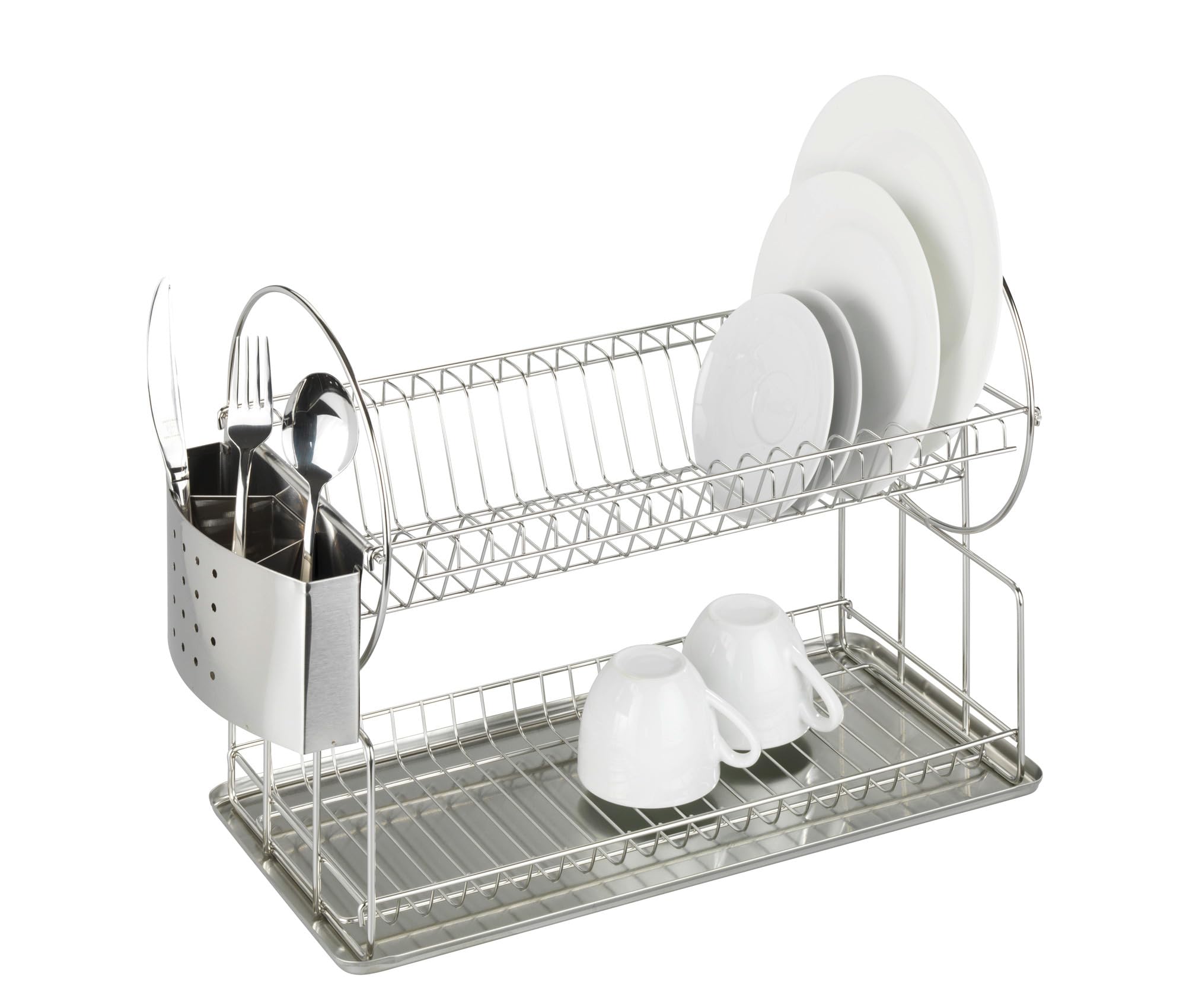 Wenko 2329100 Stojak na naczynia, ekskluzywny podwójny stojak ociekowy na talerze i kubki, kosz na sztućce, taca ociekowa, metalowa stal nierdzewna, 21 x 33 x 49 cm, srebrny matowy