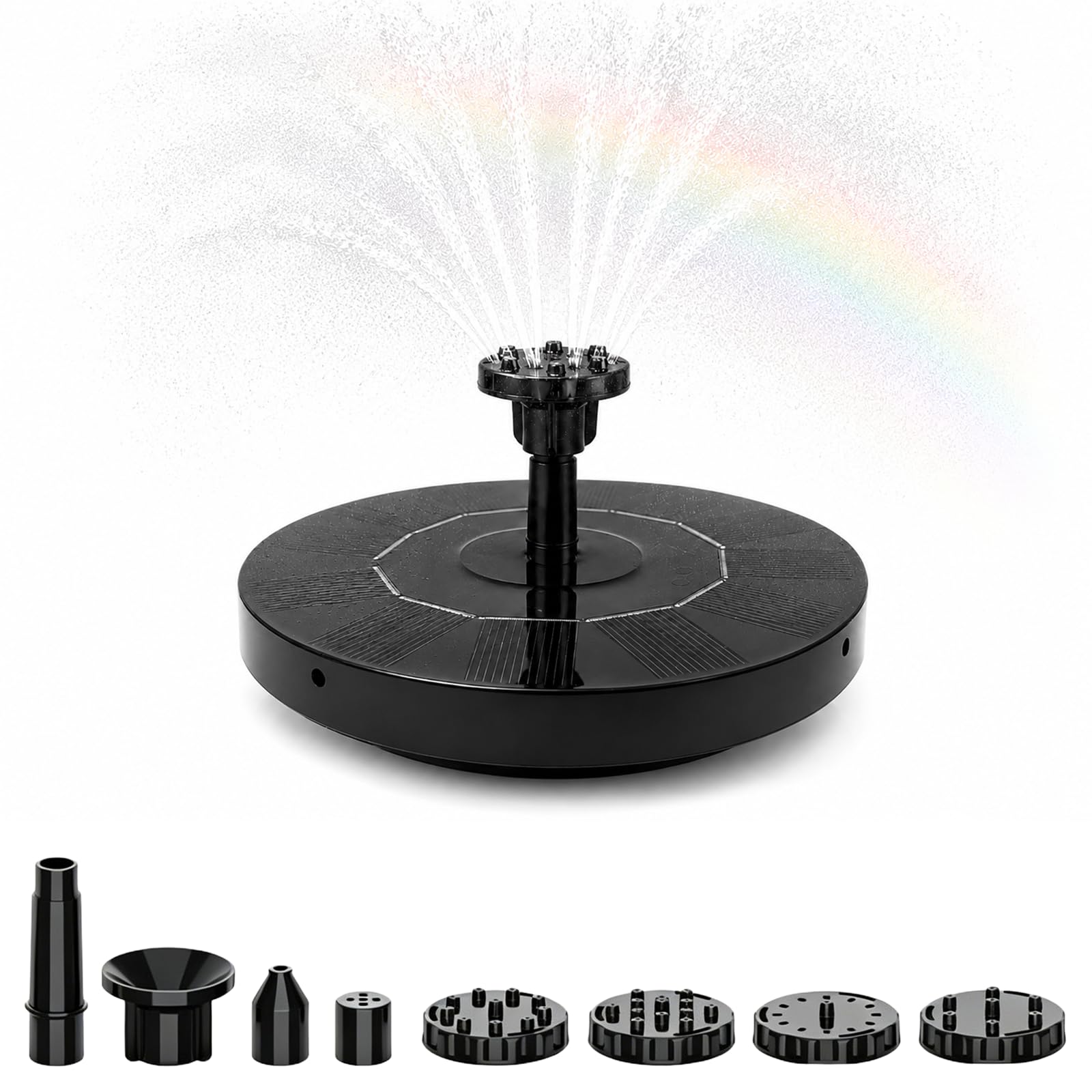 Solar Powered Bird Bath Fountains with Flower, Outdoor Water Feature Solar Pump with 7-in-1 Nozzles, 4 Fixed Pipes for Humingbirds, Garden, Pool, Pond, and Fish Tank