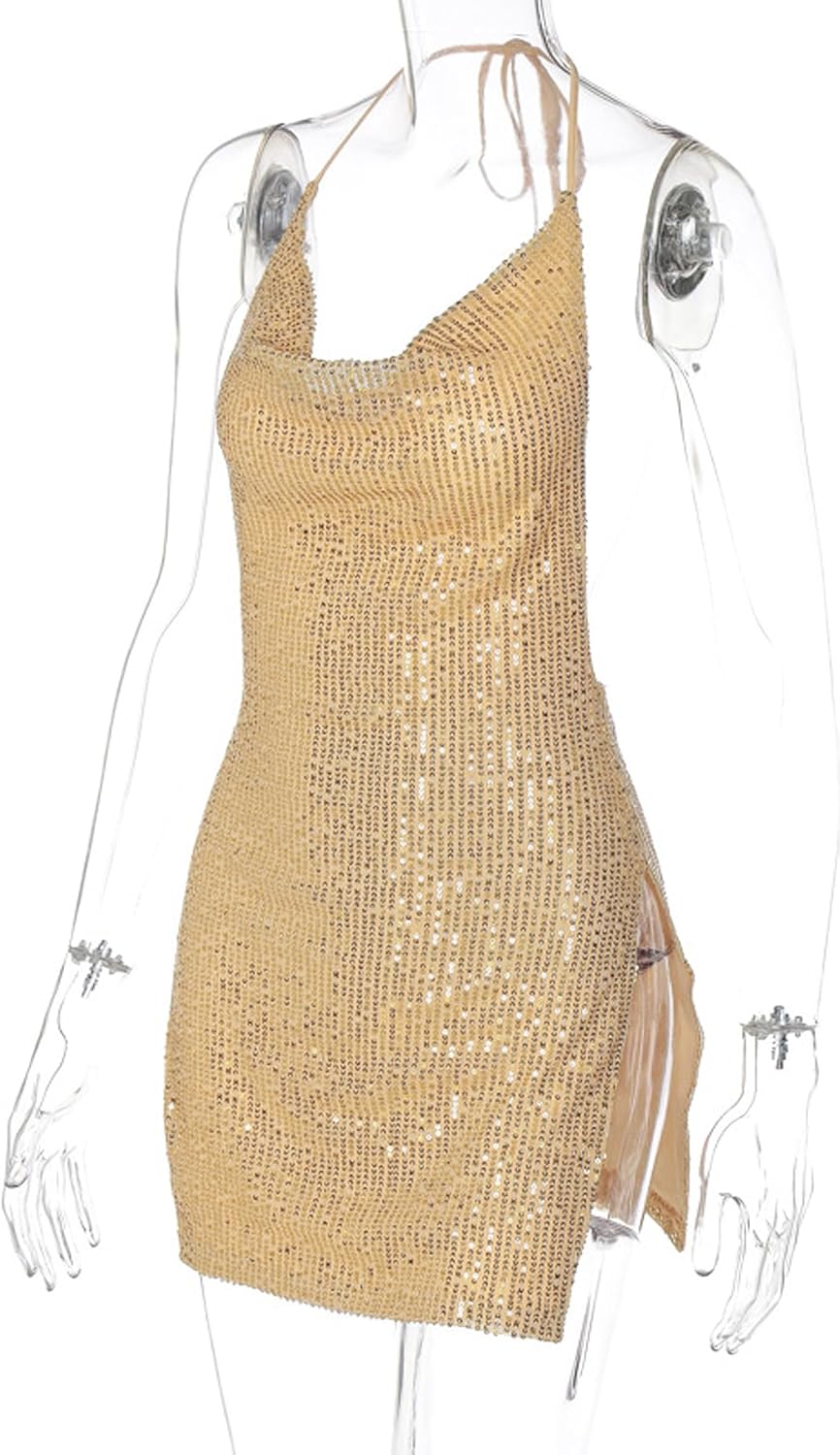 Women's Sequin Halter Bodycon Mini Dress Split Hem Backless Cowl Neck Sexy Short Dress Open Back Cocktail Party Dresses - Image 8