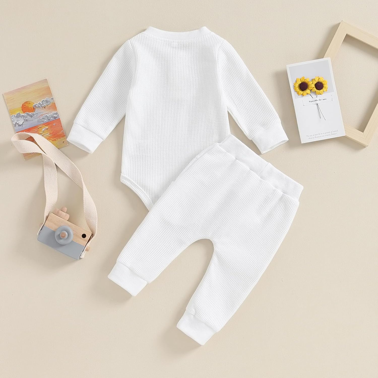 Kuriozud Newborn Baby Boy Clothes Button Long Sleeve Romper Bodysuit Pants Set Infant Soft Waffle Fall Winter Outfit - Image 3