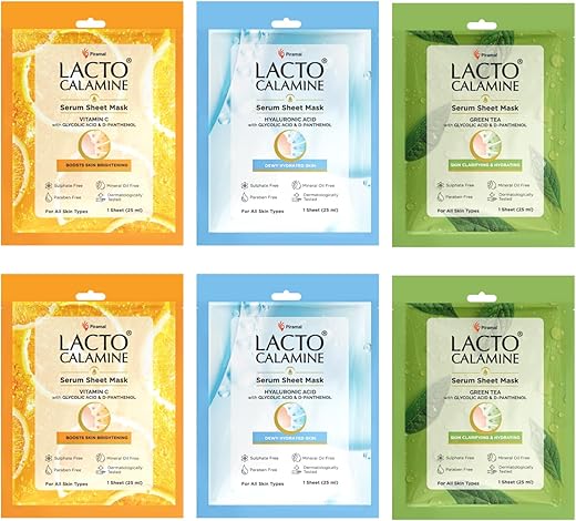 Lacto Calamine Face Sheet Masks | 180g (Pack of 6) Combo Pack | Face Sheet Masks with Vitamin C Serum, Hyaluronic Acid Serum & Green Tea Full Face Masks | Brightening,…