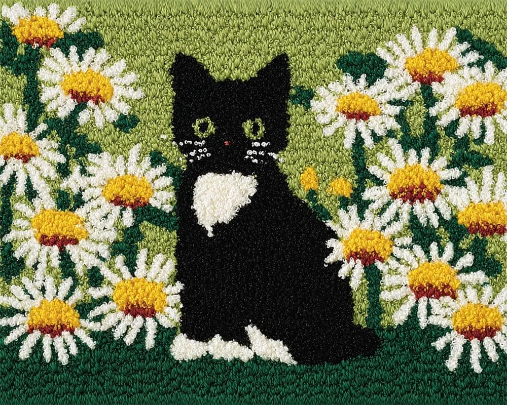 Latch Hook Rug Kits For Adults Beginners Black Cat And Daisies Diy Craft Doormat Rug Making Kit Tapestry Cushion Knitting Patterns Printed Mesh Mat Canvas Wool Yarn Fabric Gift Women 23X35In