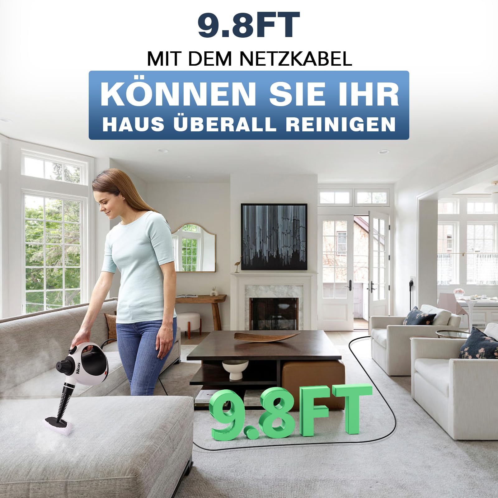 KLONA Dampfreiniger Handgerät, Steam Cleaner mit 10 Zubehör | 3 Min Schnellheizung | Tank: 350 ml | chemiefrei | Kindersicherung | Steam Cleaner | für Fliesen, Fenster, Polster, Bad
