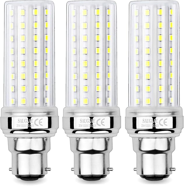 SAUGLAE 20W LED Corn Bulbs, 150W Incandescent Bulbs Equivalent, 6000K Daylight White, 2300Lm, B22 Bayonet Cap Light Bulbs, 3-Pack