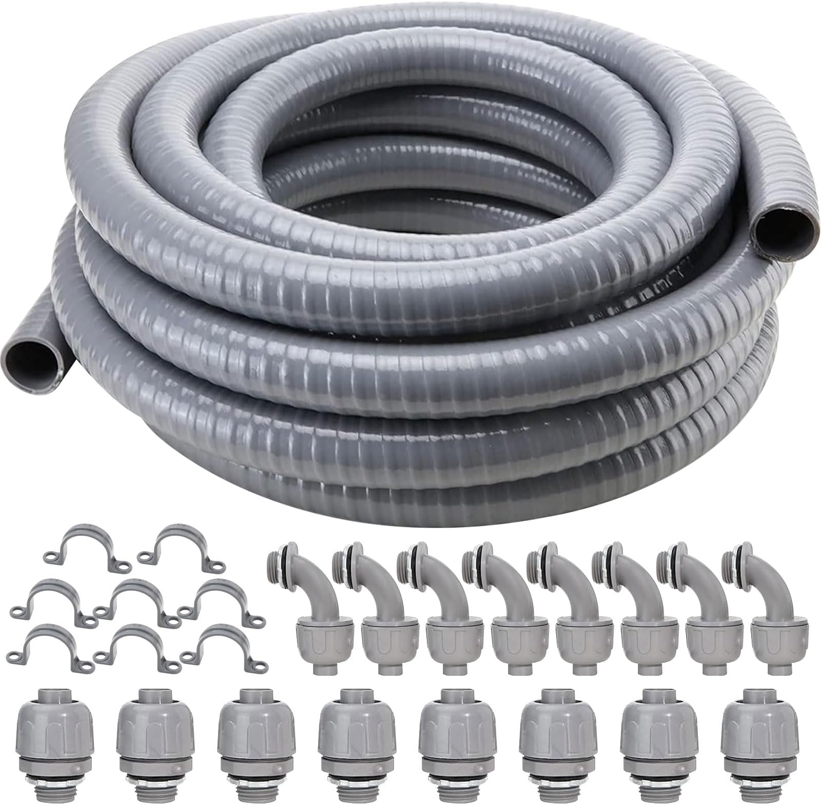 DWALE Liquid-Tight Conduit and Connector Kit,Flexible Non Metallic Liquid Tight Electrical Conduit,3/4inch 25ft Electrical Conduit Kit,with 8 Straight and 8 Angle Fittings Included,3/4 in. Dia