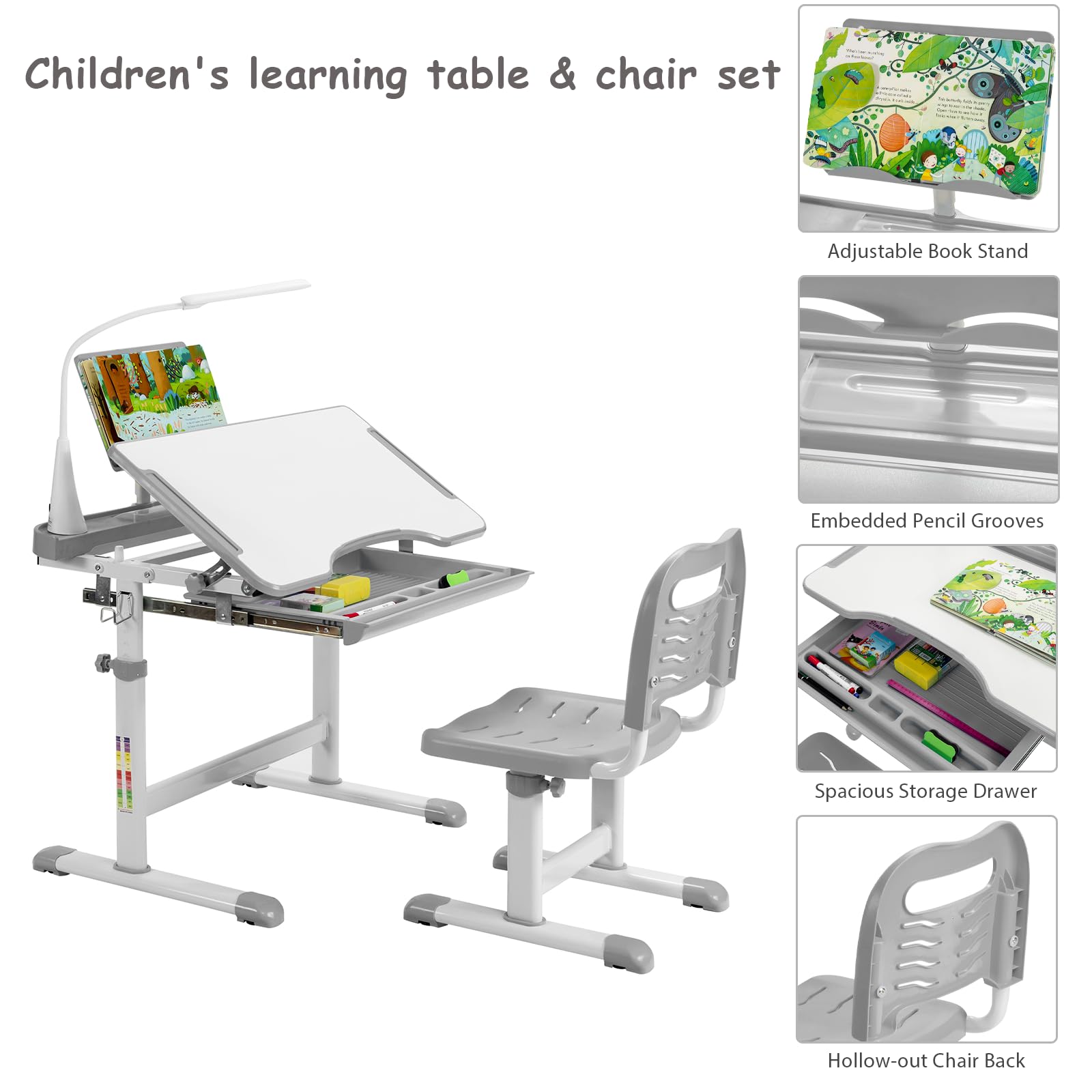 LIFEZEAL Bureau pour enfant réglable en hauteur avec chaise, bureau d'étudiant avec tiroir, support de livre et lampe de table, bureau pour lire, écrire et peindre (gris)