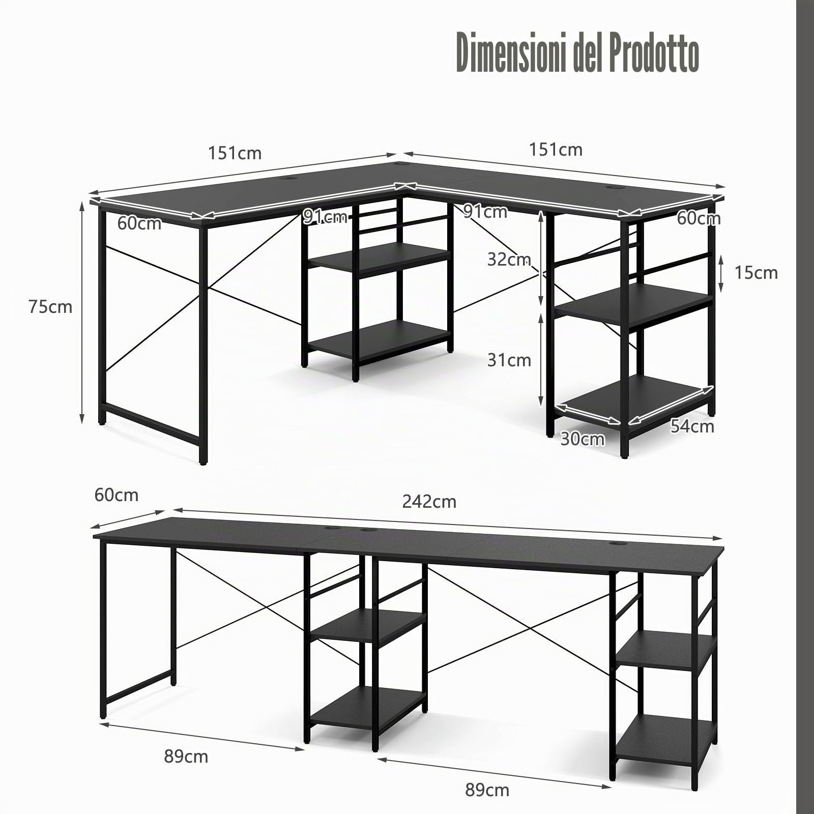 LIFEZEAL Scrivania Angolare a Forma di L, Scrivania Reversibile ad Angolo, Scrivania Lunga, Porta 2-3 Computer, 4 Ripiani, Telaio in Acciaio, Postazione di Lavoro, Ufficio, Studio, Max 180 kg, Nero
