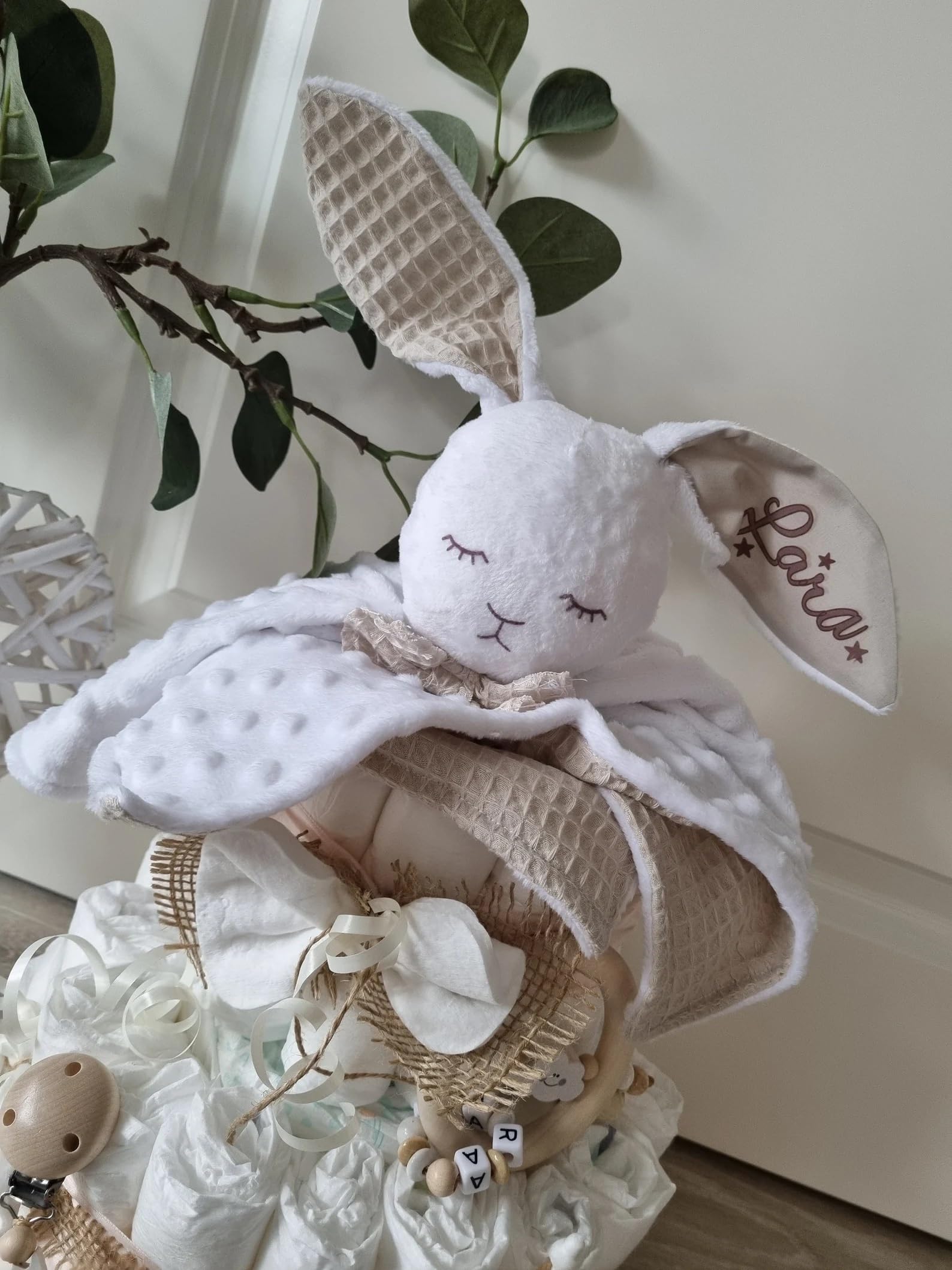 Windeltorte XXL mit Namen - Mädchen Junge - Hase Hoppi - 2-stöckig - Geschenk, Babyparty, Geburt Taufe + Gratis Grußkärtchen