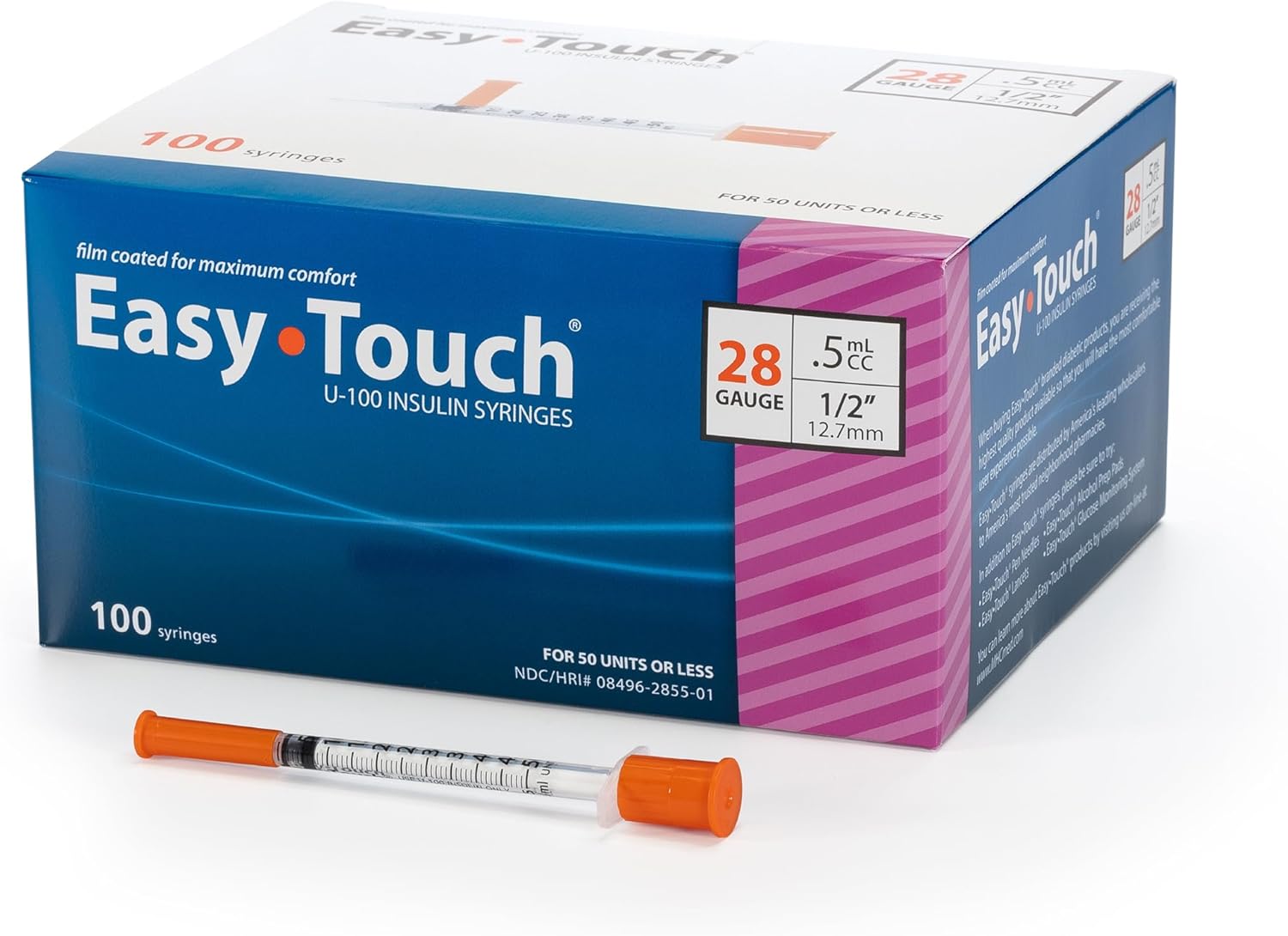 Easy Touch 28 Gauge U-100 Insulin Syringes (28G 0.5cc 1/2”) with 1/2” Long Needle, 0.5cc (50 Unit Capacity), Bold Markings for Accurate Dosing, Disposable, Box of 100