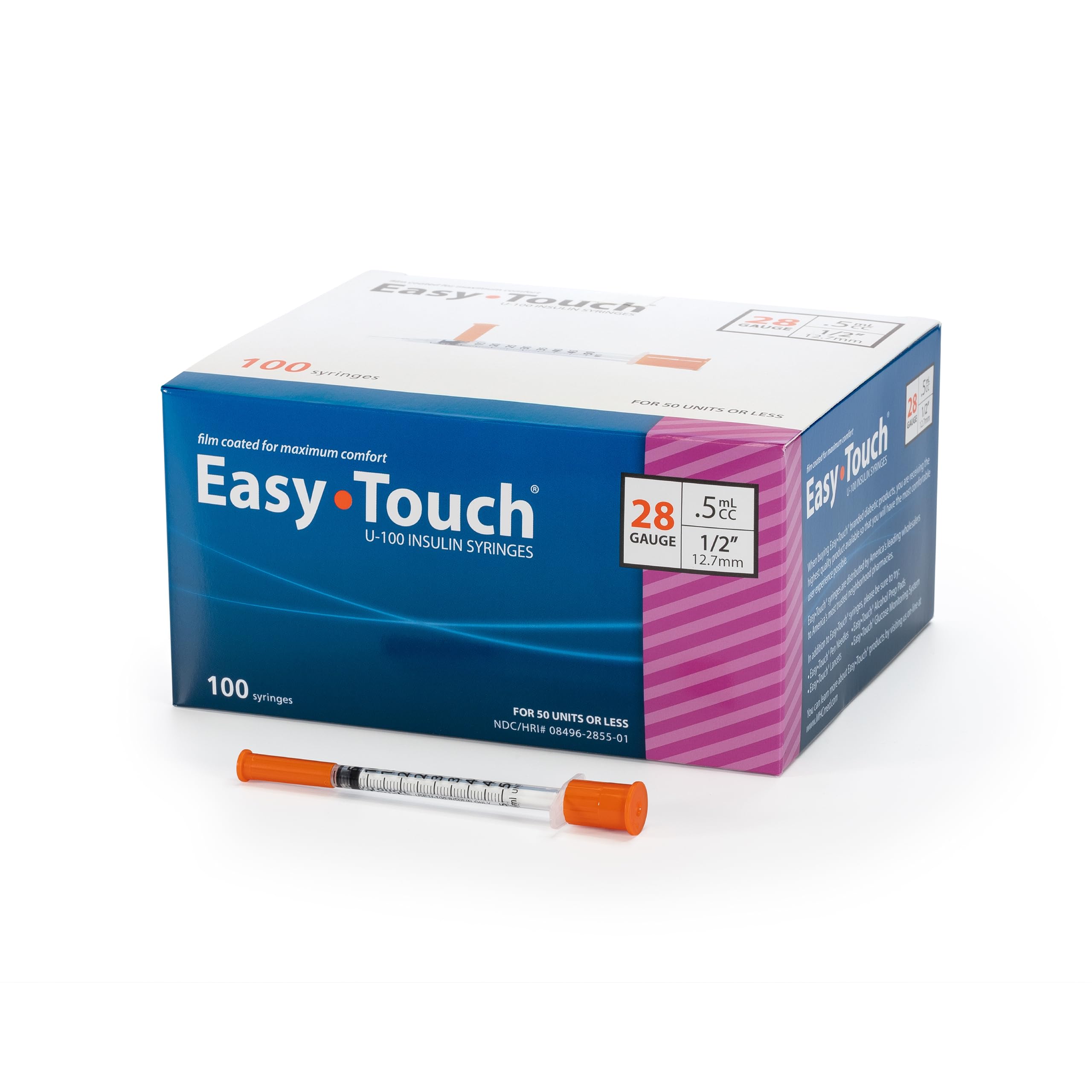 EasyTouch U-100 Insulin Syringes (28G 0.5cc 1/2") - 100ct.