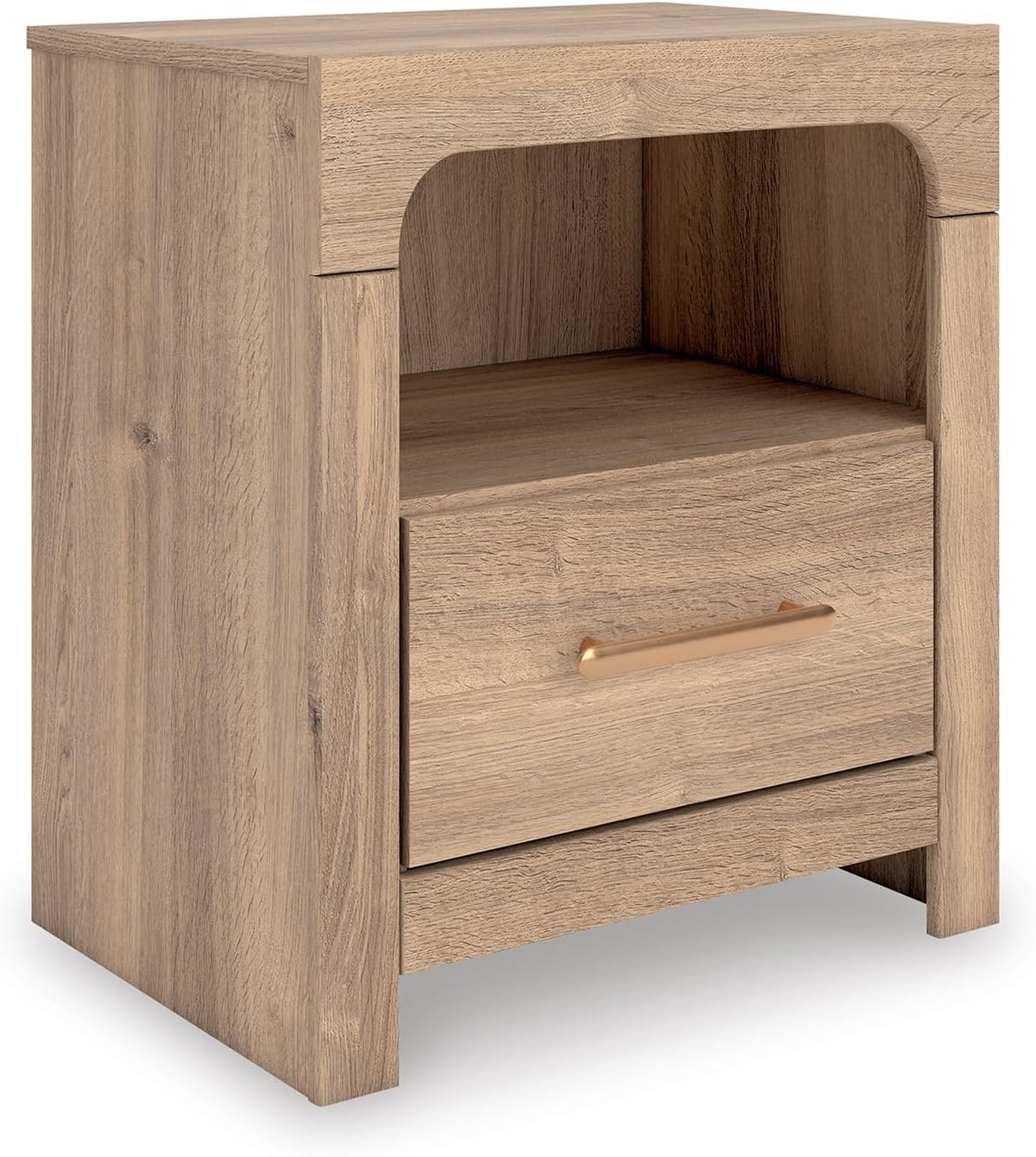 Signature Design by Ashley Light Oak Nightstand with USB Ports & Drawer | 1 drawer and open shelf, Replicated oak grain decorative laminate, Built-in USB-A and USB-C ports, Prandefort Series