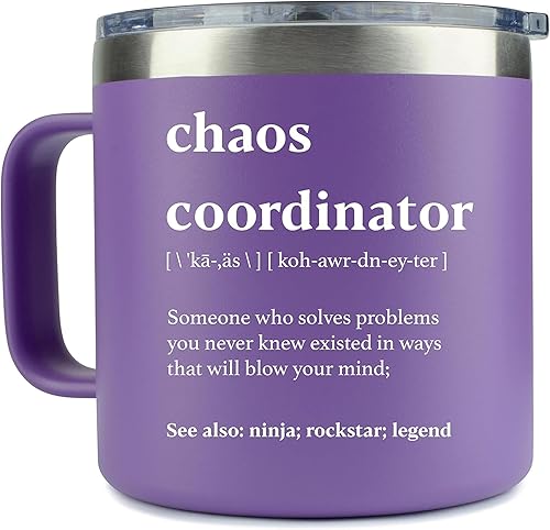 Chaos Coordinator - Vaso de 14 onzas color morado idea de regalo única para mujeres jefas ella mejor mamá compañera de trabajo gerente profesora