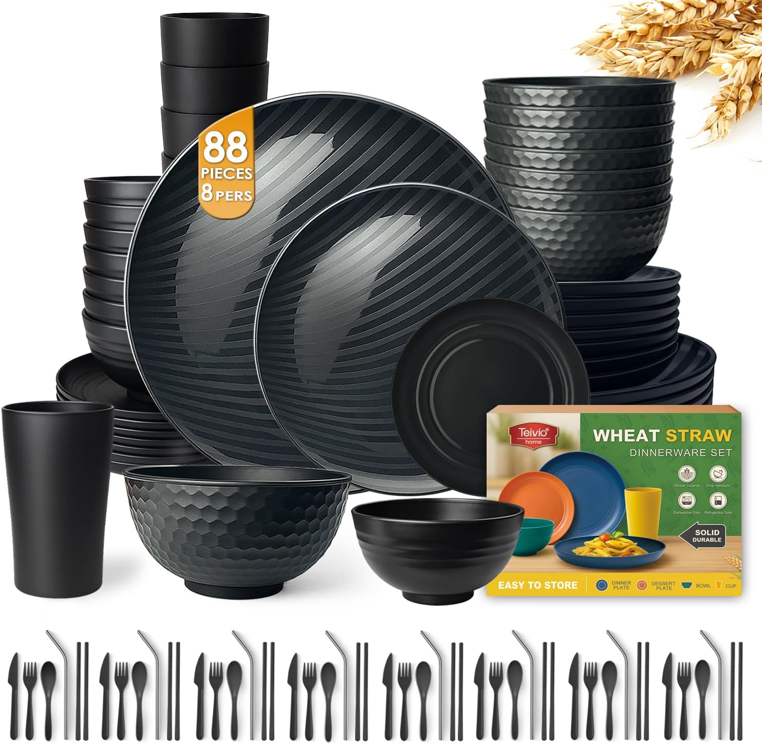Teivio 88-Piece Kitchen Plastic Wheat Straw Dinnerware Sets for 8, Dinner/Dessert/Tidbit Plate, Cereal/Fruit Bowls, Cups, Flatware,Dishwasher Safe, Colorful Unbreakable RV Dishes, Fall Multicolor