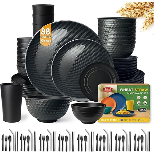 Teivio 88-Piece With Flatware Kitchen Plastic Wheat Straw Dinnerware Set for 8, Dinner/Dessert/Appetizer Plates, Cereal Fruit Bowls, Pasta Bowls, Cups, Unbreakable Dishwasher Safe Outdoor Dish, Black