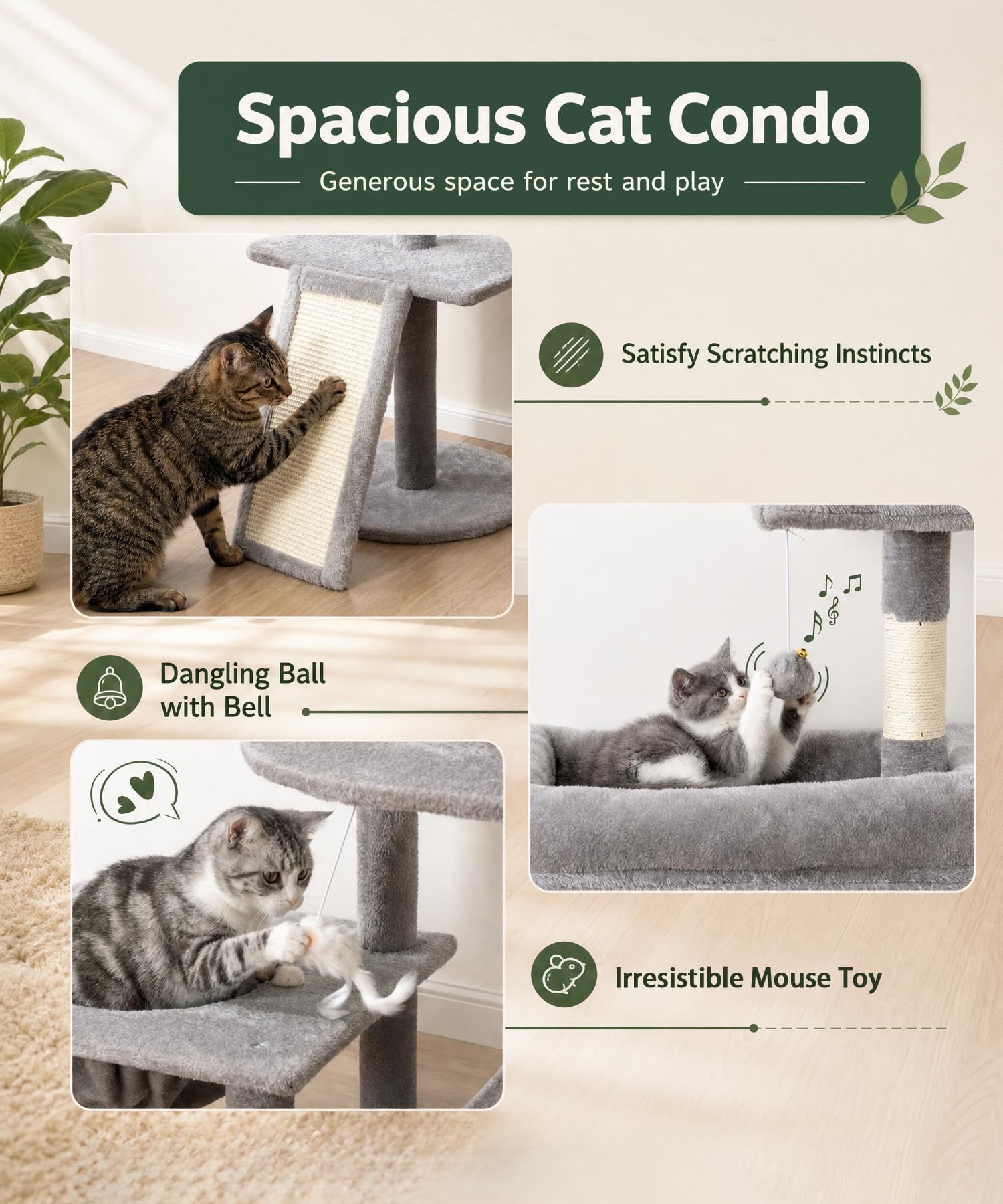 Albero per gatti da interno resistente, 172 cm, torre per gatti grandi con tiragraffi in sisal e posatoio superiore, grande piattaforma per gatti adulti, PMT02GY, grigio