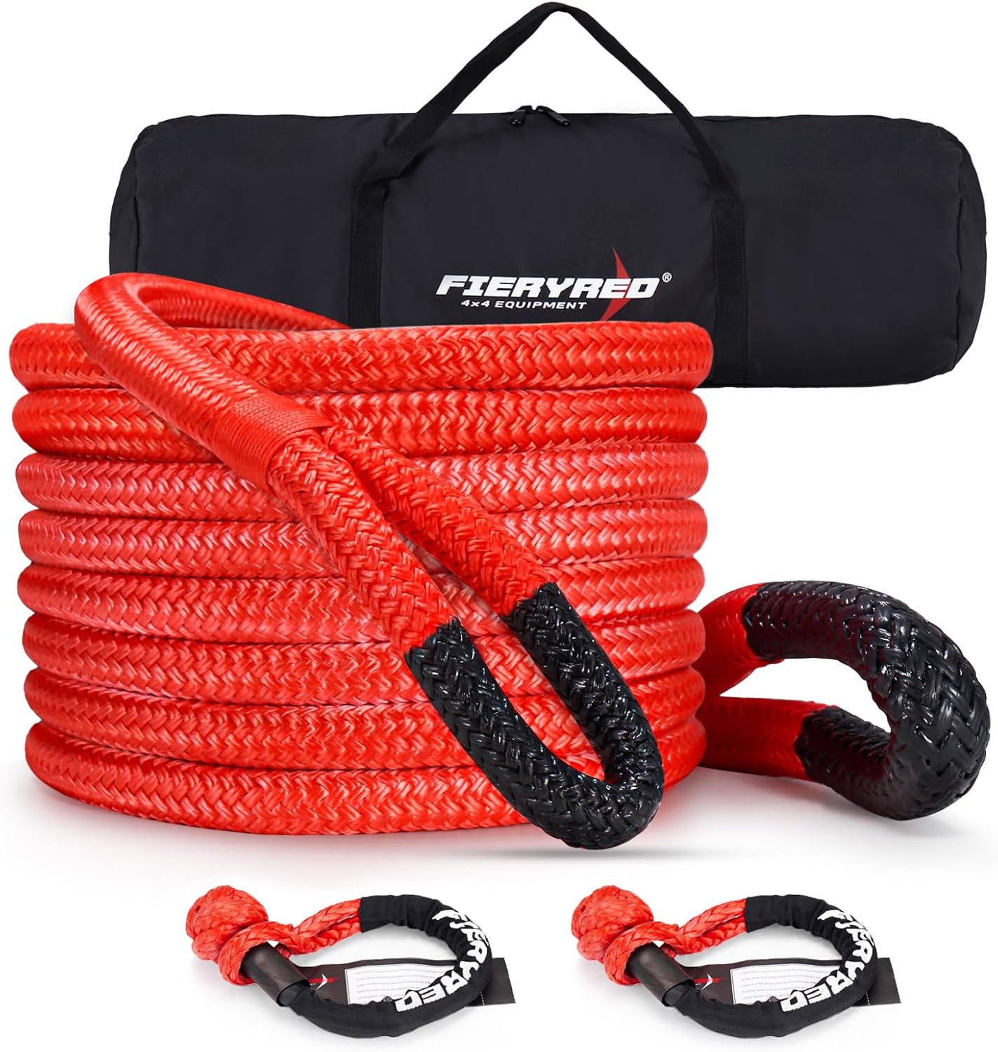 FieryRed 3/4” x 20FT Kinetic Recovery Rope Kit with 2 Soft Shackles, 26500LBS MBS Heavy Duty Tow Rope Snatch Strap Offroad for SUV, Truck, Car and Tractor