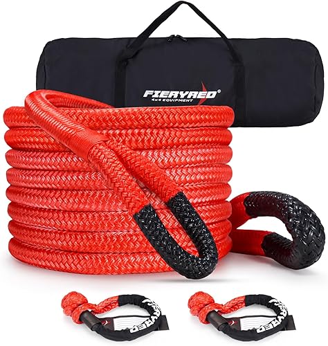 FieryRed Kit de cuerda de recuperación cinética con 2 grilletes suaves, cuerda de remolque de 78 pulgadas x 20 pies, correa de arranque todoterreno