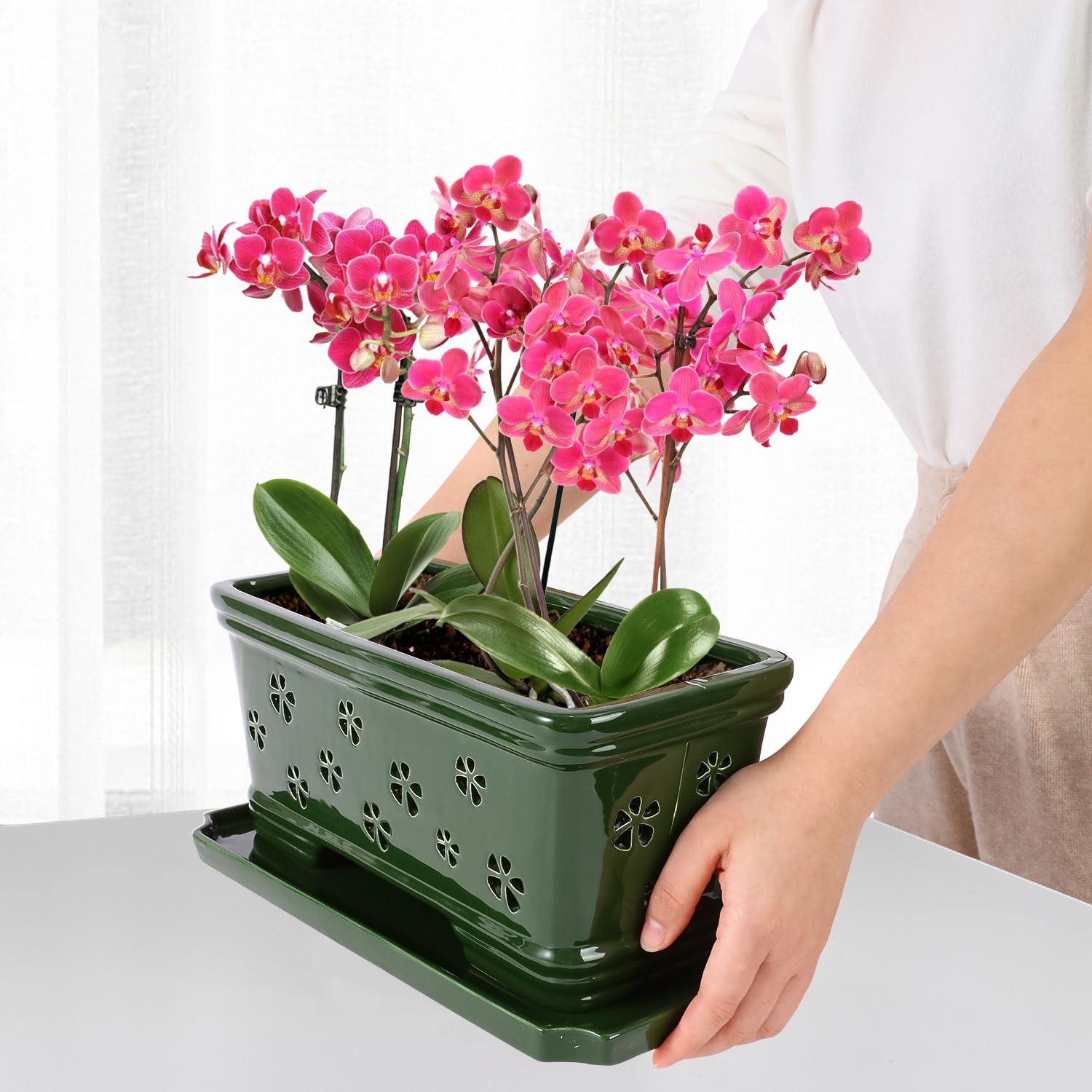 Grüner Keramik-Orchideentopf mit Löchern zum Umtopfen und Belüften, für drinnen und draußen, 30,5 cm