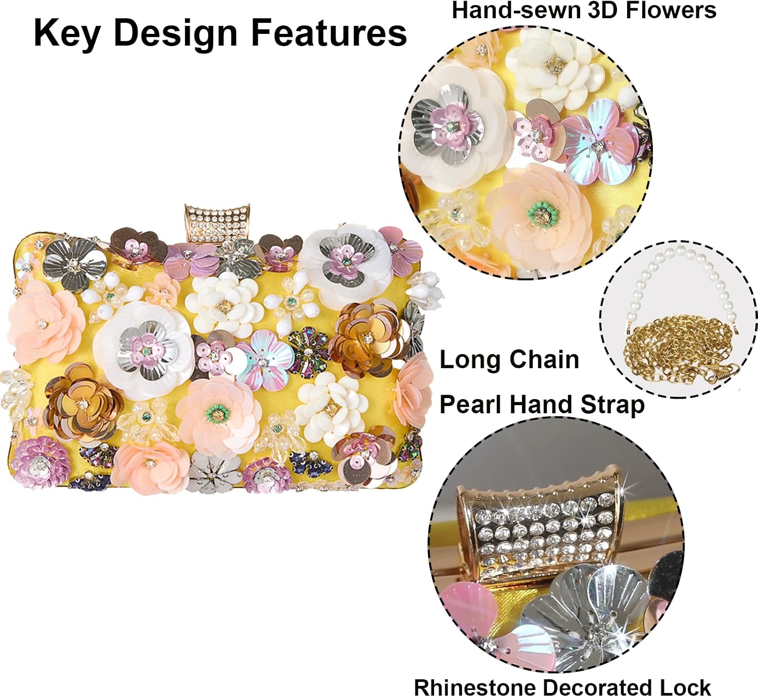 Women's Floral Evening Handbags Colorful Rhinestone Flower Clutch Purses Floral Bride Wedding Handbag Long Chain Shoulder Bag