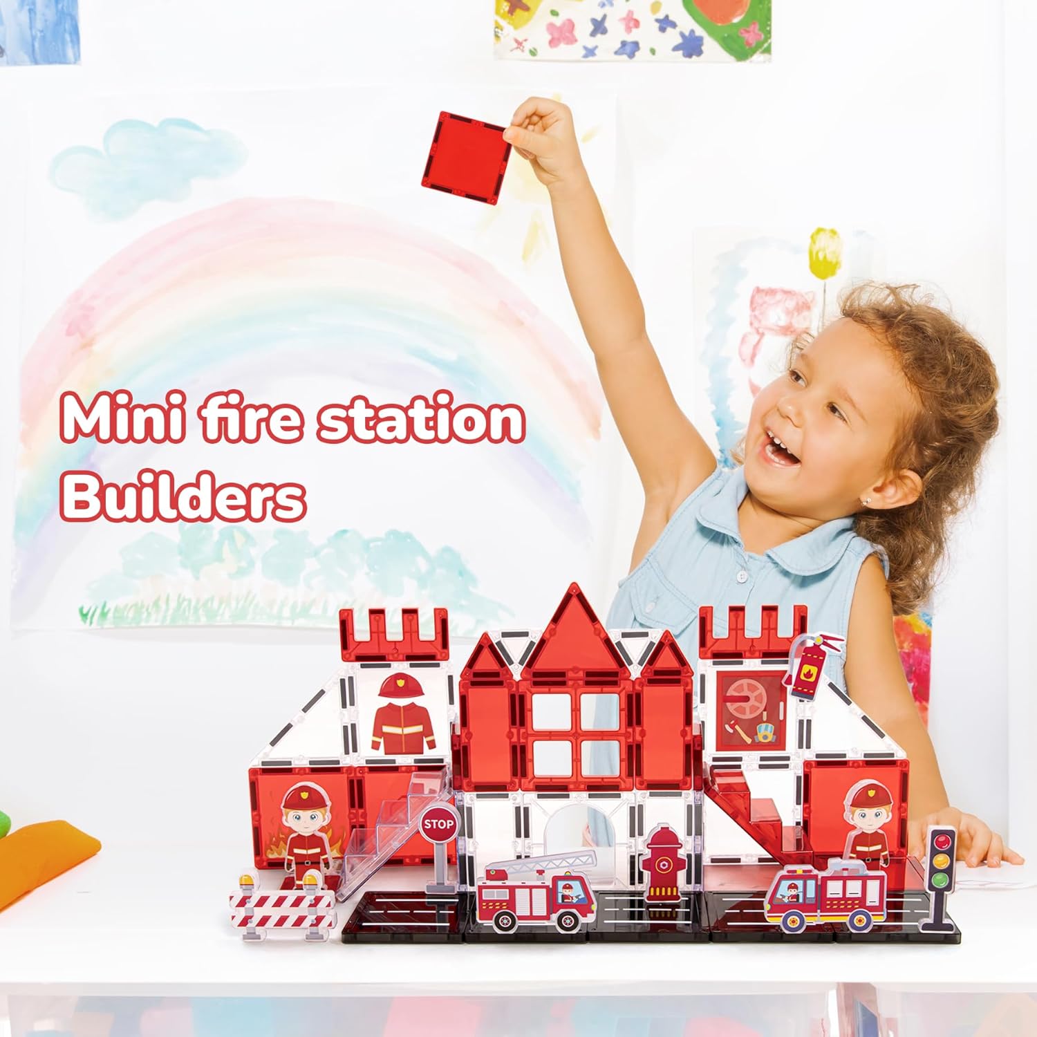 Fire Station Magnetic Tiles, STEM Building Set with Fire Truck, Preschool Learning Firefighter Toy for Ages 3-5,5-8,Birthday Gift for Boys & Girls(48PCS)