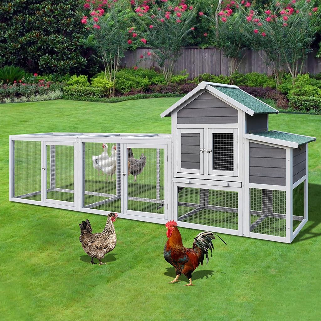 Outdoor Chicken Coop with Run, 122" Large Wooden Chicken Hutch Poultry Cage with Nesting Box, Leakproof Pull-on Tray & Waterproof Asphalt Roof, Multi-Level Hen House for 3-6 Chickens