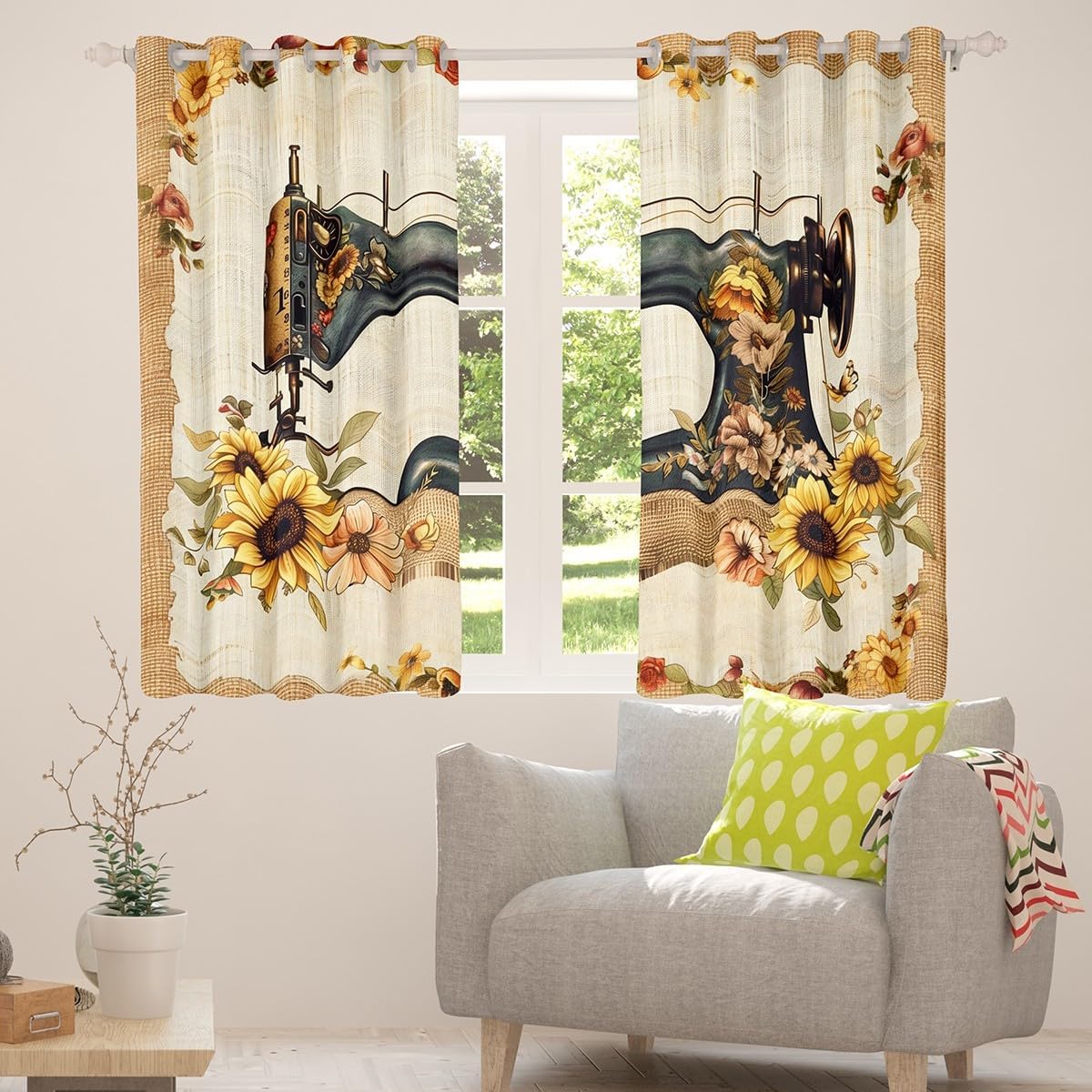Women Sewing Theme Curtains,Sunflowers Floral Window Curtain,Vintage Rustic Brown Grid Window Treatment Curtain for Kids Girls Adult Room Decor,Hand Sewing Lover Window Drapes,2 Panels,42Wx63L