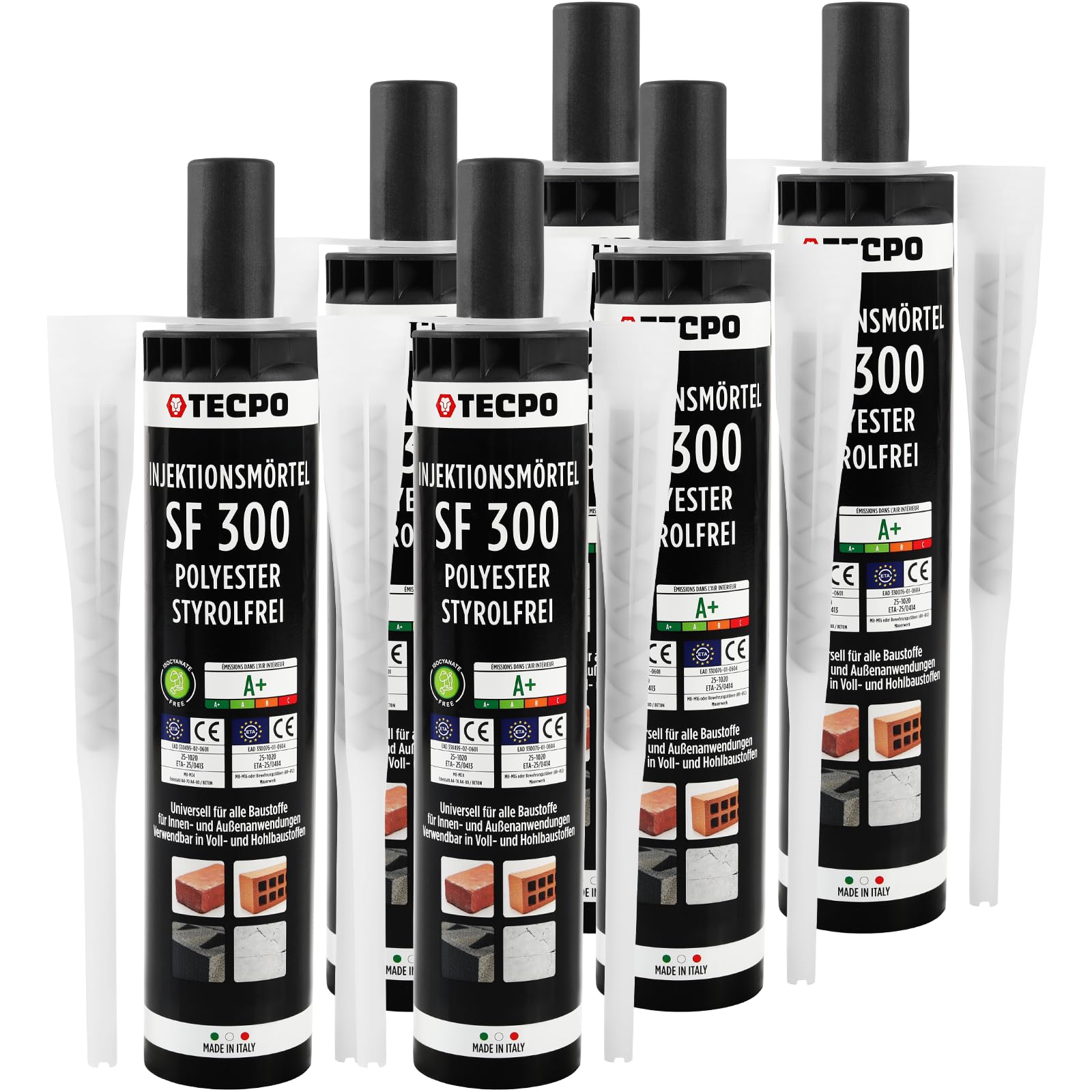 TECPO 6x Injektionsmörtel SF 300 ml inkl. Statikmischer Vebundsmörtel Ankerkleber Innen & Aussen Mörtel zur Befestigung von Voll- und Hohlbaustoffen