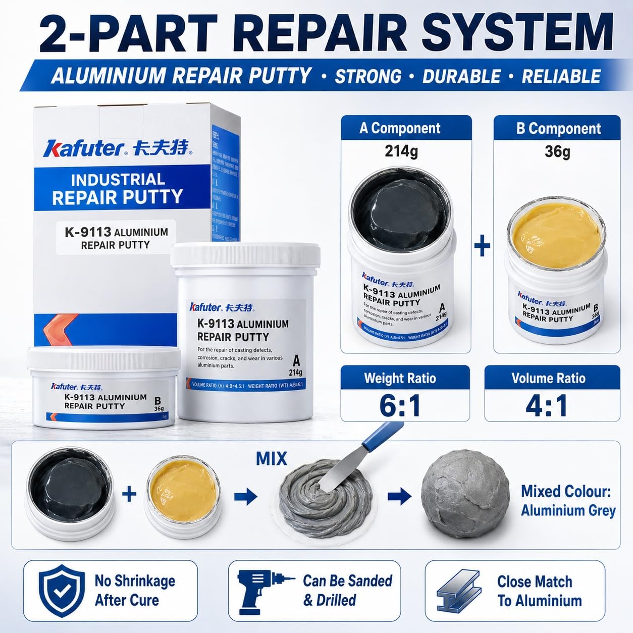 VIDOO AB Bond Pasta Reparación Industrial para Aluminio, Pegamento Resistente al Calor para Agujeros Arena en Aluminio Fundido, Soldadura Líquida Impermeable, Paquete Doble