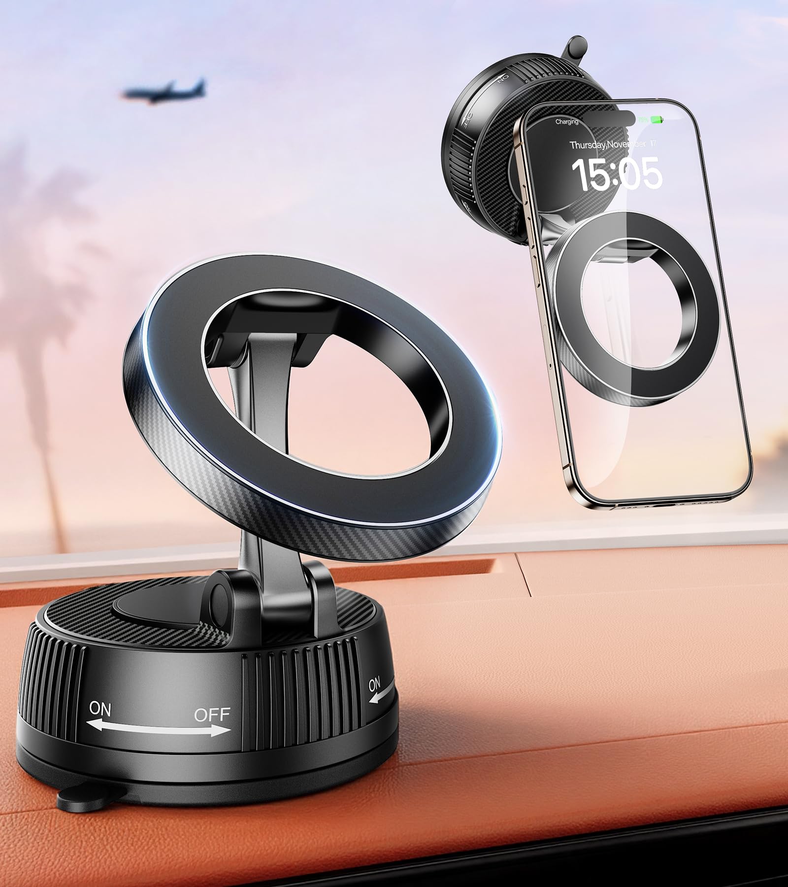Lazmount Car Mount for MagSafe All Smartphones One-Tap Rotate for Calls, N55 Magnets Stay Rock-Solid ABS Silicone Magnet Nano Gel Suction and 24 N55 Magnets Twist-Lock 180/360 Adjust Holder -Black - 1