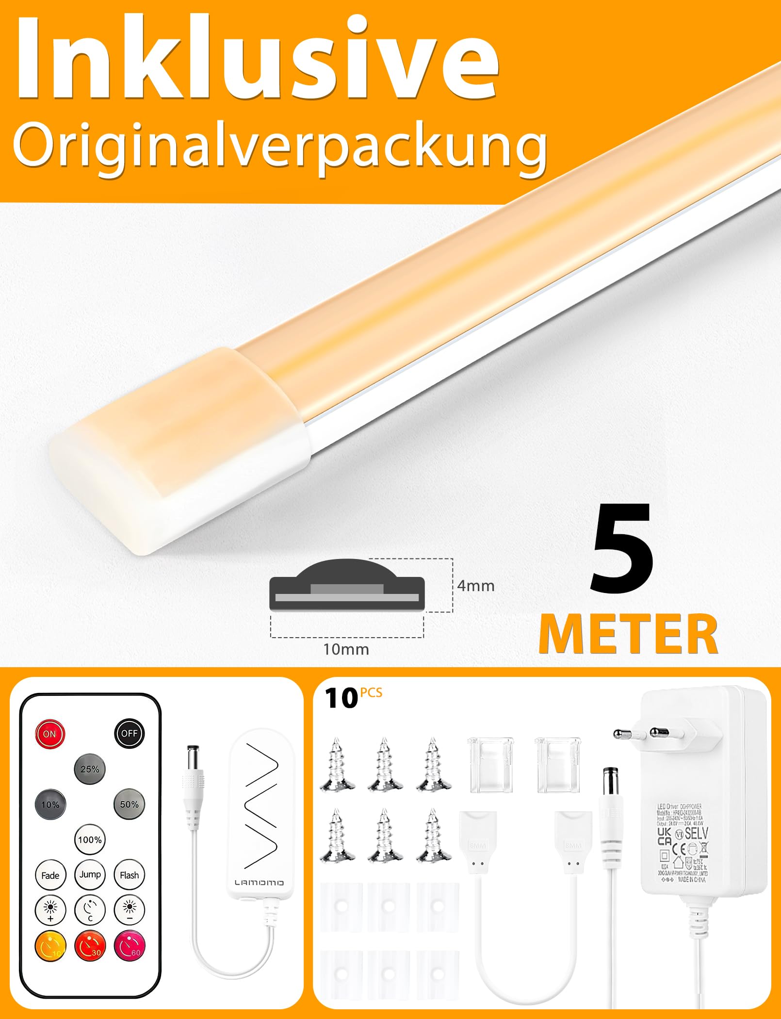 Lamomo COB LED Streifen, Warmweiss Dimmbar 5M LED Strip, Wasserdicht 3000K Neon Led Leiste mit Fernbedienung, 10mm Breit, Silikon Flexibel Lichtleiste für Schlafzimmer Innen Außen Küche Deko, CRI90+