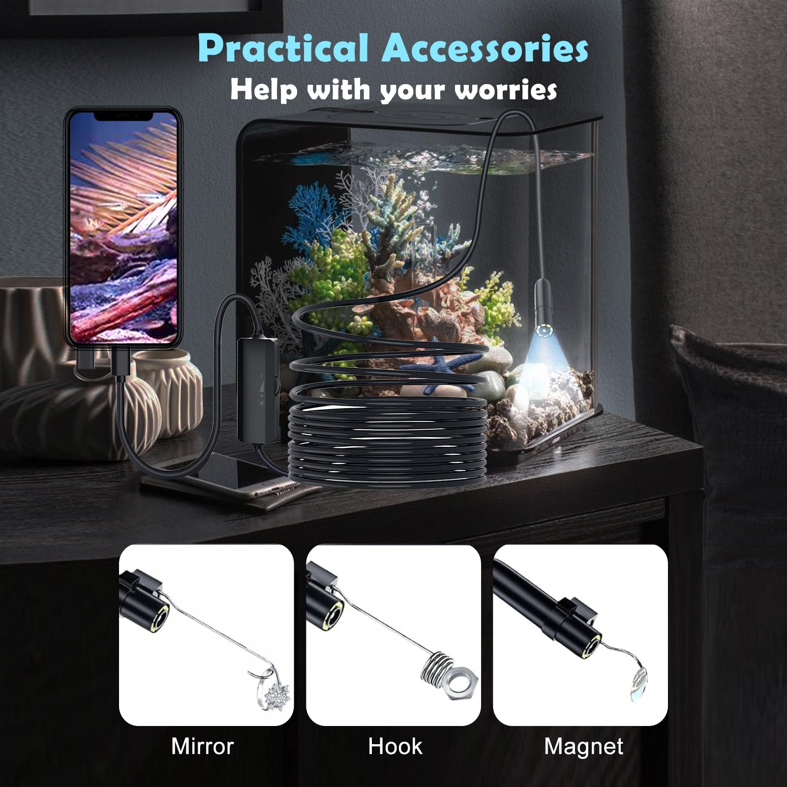 Endoscopio 5m para Móvil, Cámara Endoscópica 1920x1080 HD con Lente 360° y 8 LED, Cámara de Inspección Tuberías Impermeable IP67, Boroscopio USB Tipo C/Lightning Directo sin WiFi para iOS/Android - 5