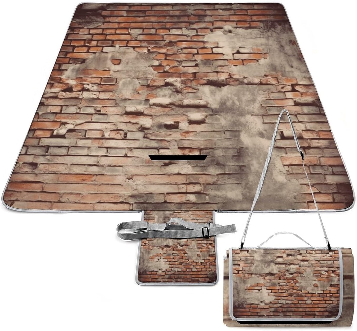 Ancient Worn Brick Wall Waterproof Picnic Blanket 58.3''x58.3'',Portable and Foldable Picnic Mat with Handle,Outdoor Blankets for Lawn Park Beach Travel