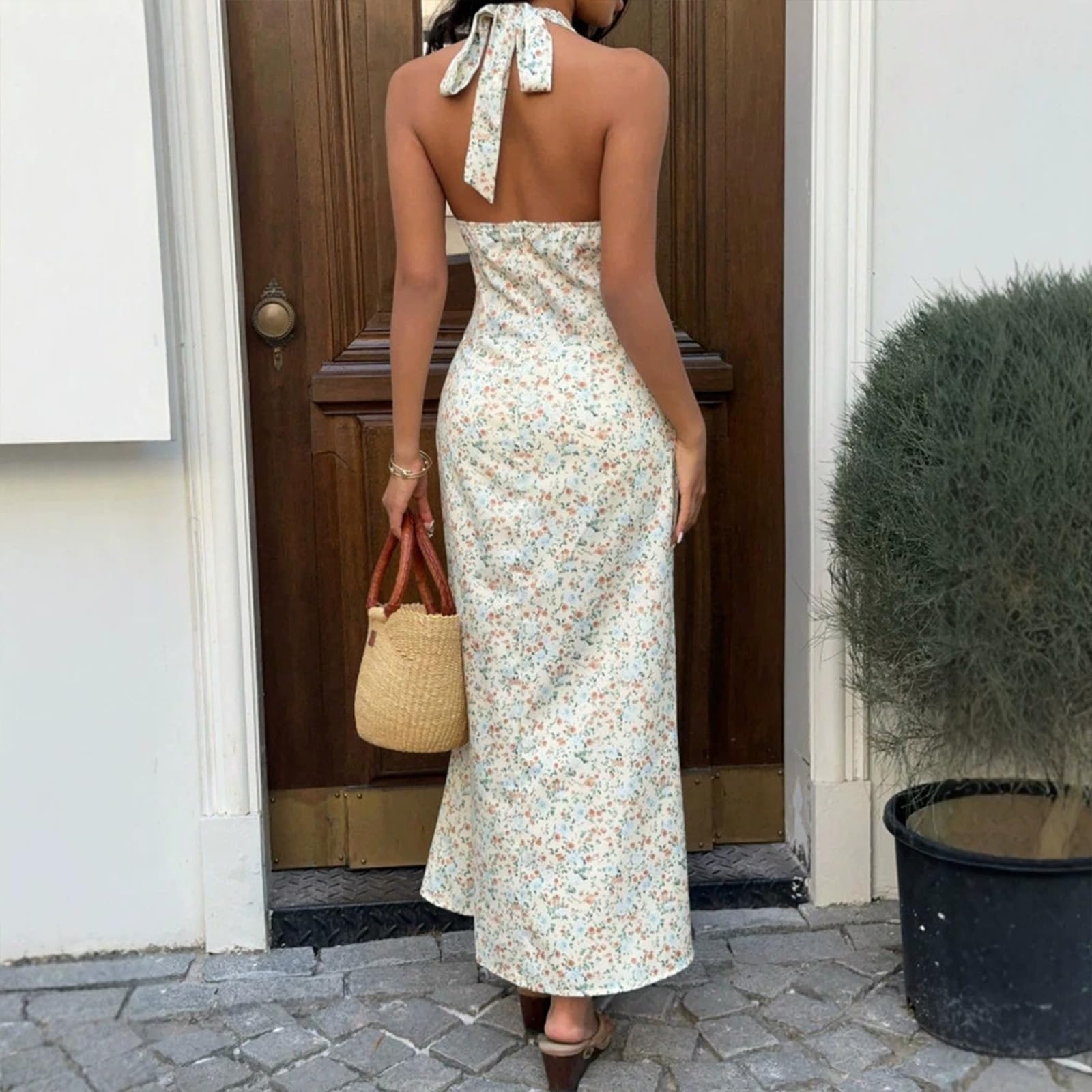 Vestiti Estivi Donna 2026, Vestito Lungo Donna con Stampa Floreale Estiva,Scollo A V Profondo,Stile Francese Elegante,Vestito Halter con Laccio al Collo,Schiena,Abito da Spiaggia,M