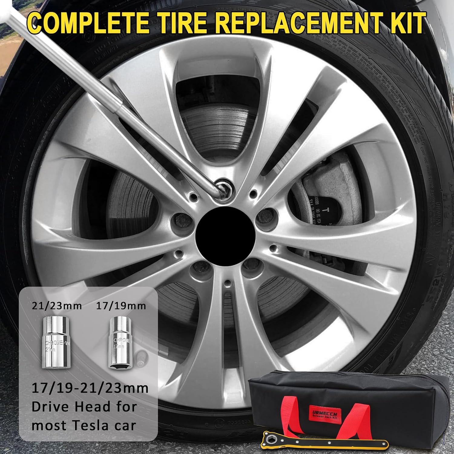 3-Ton Scissor Jack Kit for Mercedes A B C E W203/204/212/211/164 with Rubber Jack Pad, Car Spare Tire Repair Tools, Tire Changing Tools Kit for Chevrolet with L-Wrenches（17/19/21/23mm）