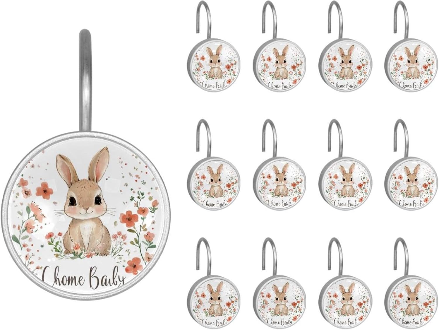 Bunnies with Flowers (2) Round Crystal Glass Decorative Shower Curtain Hooks with 3D Pattern Visual, Rust Proof Shower Curtain Rings-12 Pack