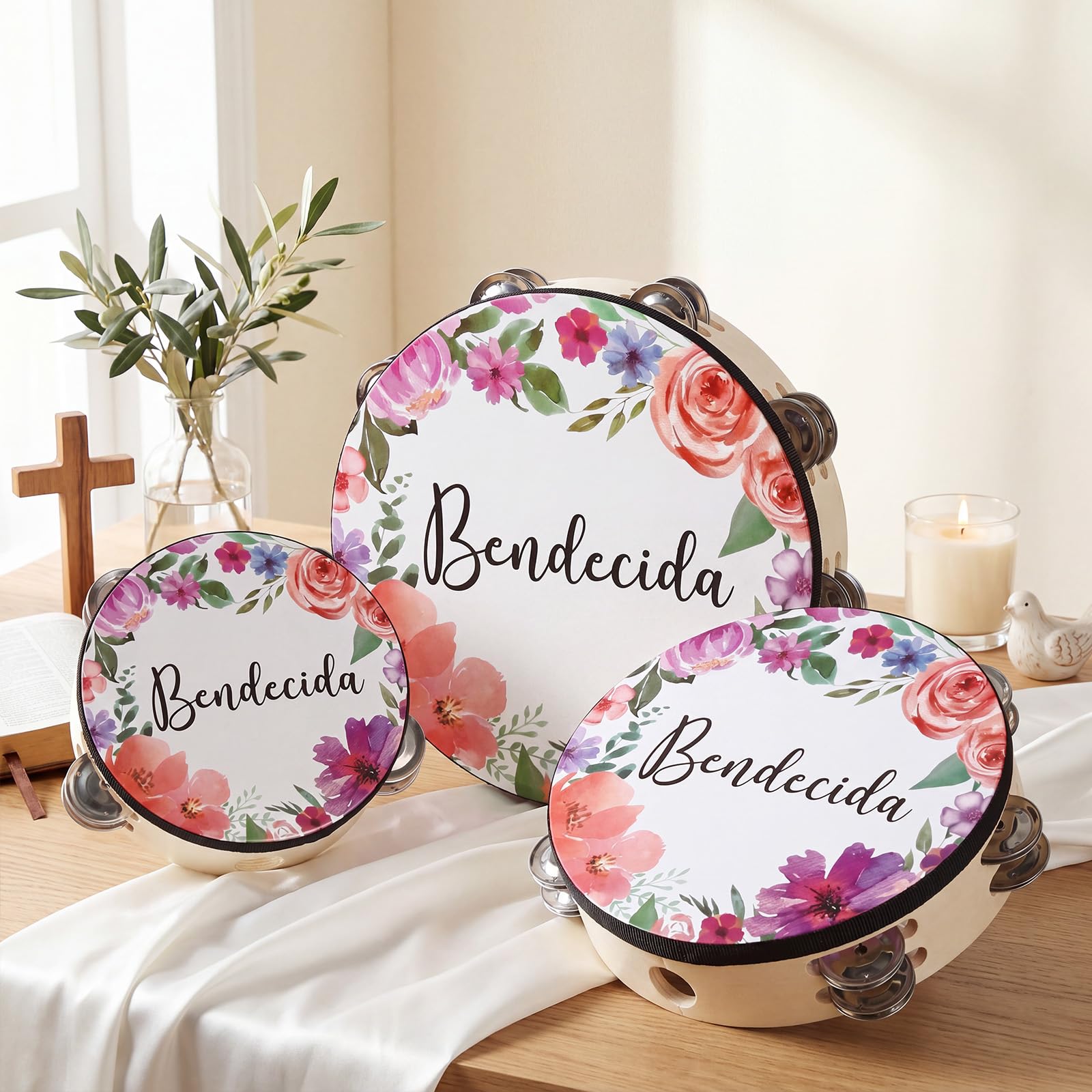 Lot de 3 tambourins espagnols bénis pour adultes d'église - Tambourin de danse chrétienne - 15,2 cm, 20,3 cm, 25,4 cm - Double rangée de jingles de la Bible - Tambourin pour chorale d'église