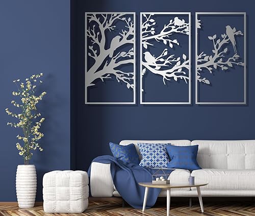 Miniatura 2 de Arte de pared de metal árbol de la vida, decoración de pared de metal de pájaros y ramas, arte de pared de metal, árbol de la vida de 3 paneles,
