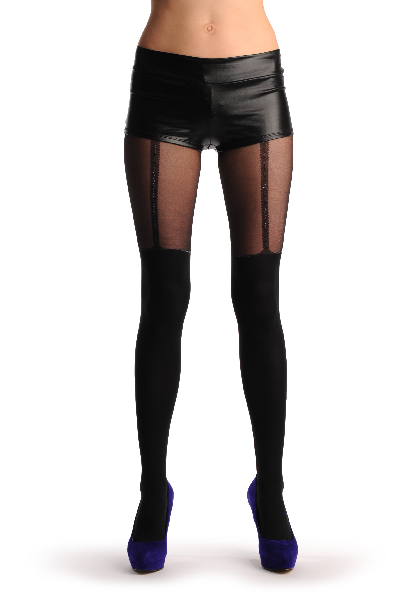 LissKiss Black Faux Stockings With Silver Lurex Top & Suspender Belt - Black Embellished Suspender Tights