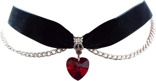dunns-jewels Black Velvet Choker with a Red Glass Heart and Silver-Plated Chain