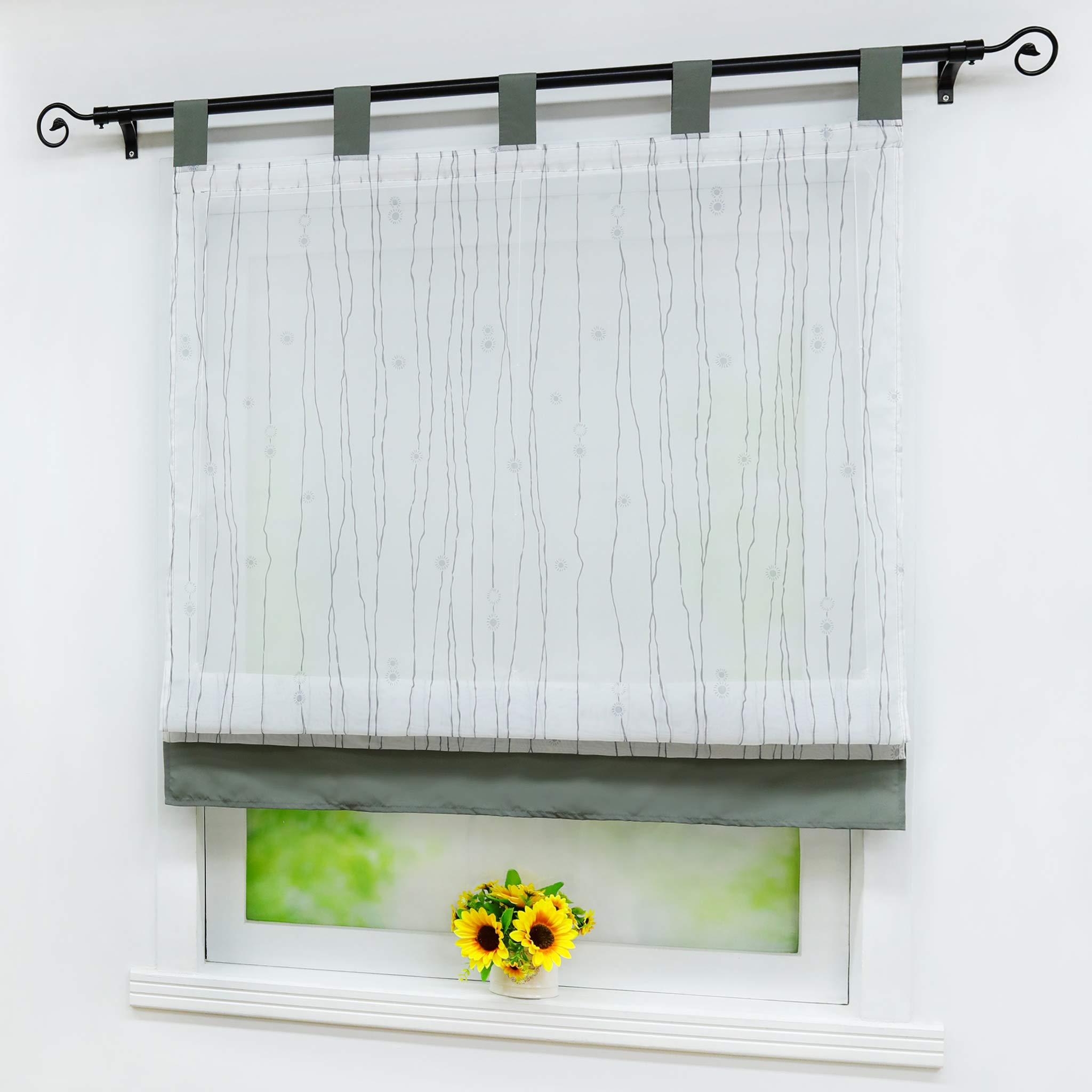 Joyswahl Sheer Roman Curtains Striped Print Tab Top Window Shades Home Decoration Curtain for Kitchen Bedroom, 1pc(Grey, W31 x H55 inch)