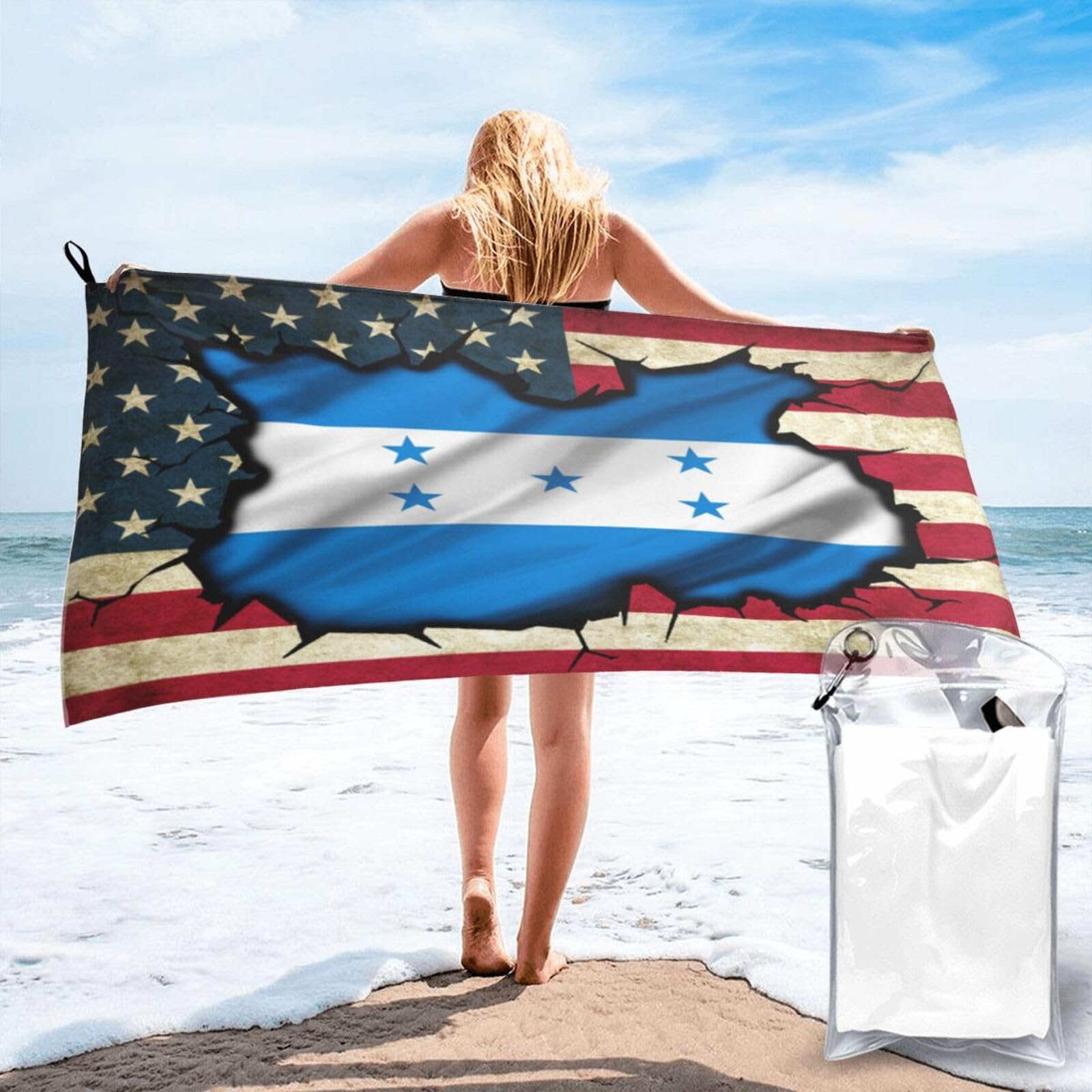 HACXZ Vintage America Flag and Honduras Flag Absorbent Beach Towel Microfiber Beach Towel Lightweight 31.5"X63"