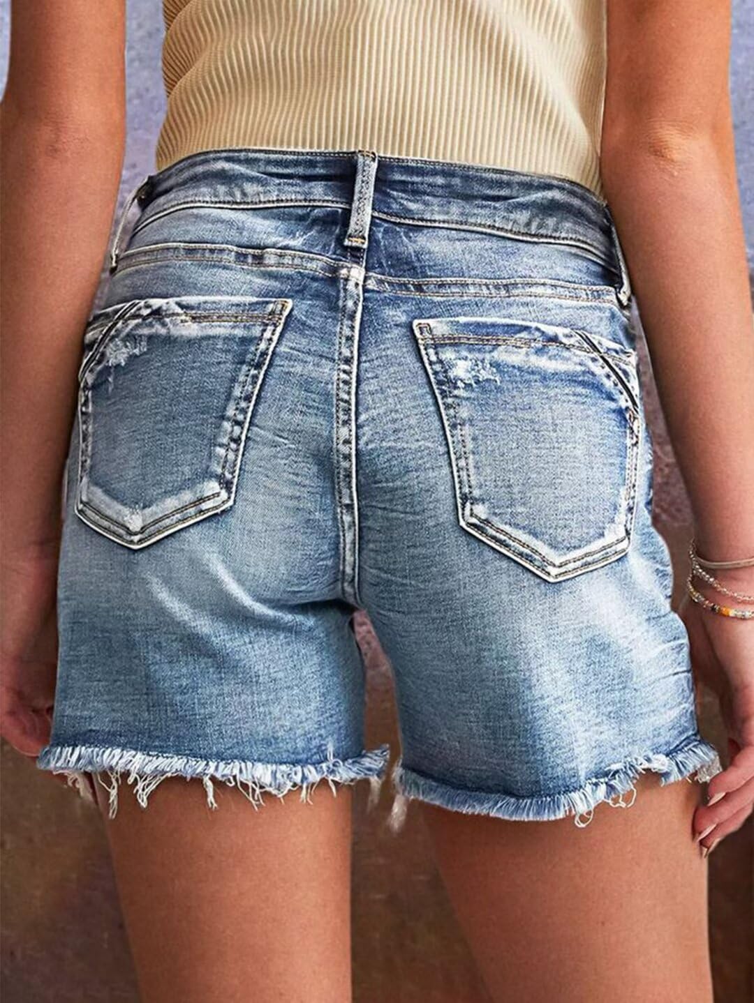 Flamingals Women's Double Button Ripped Raw Hem Summer Casual Mid Waist Denim Shorts - Image 4